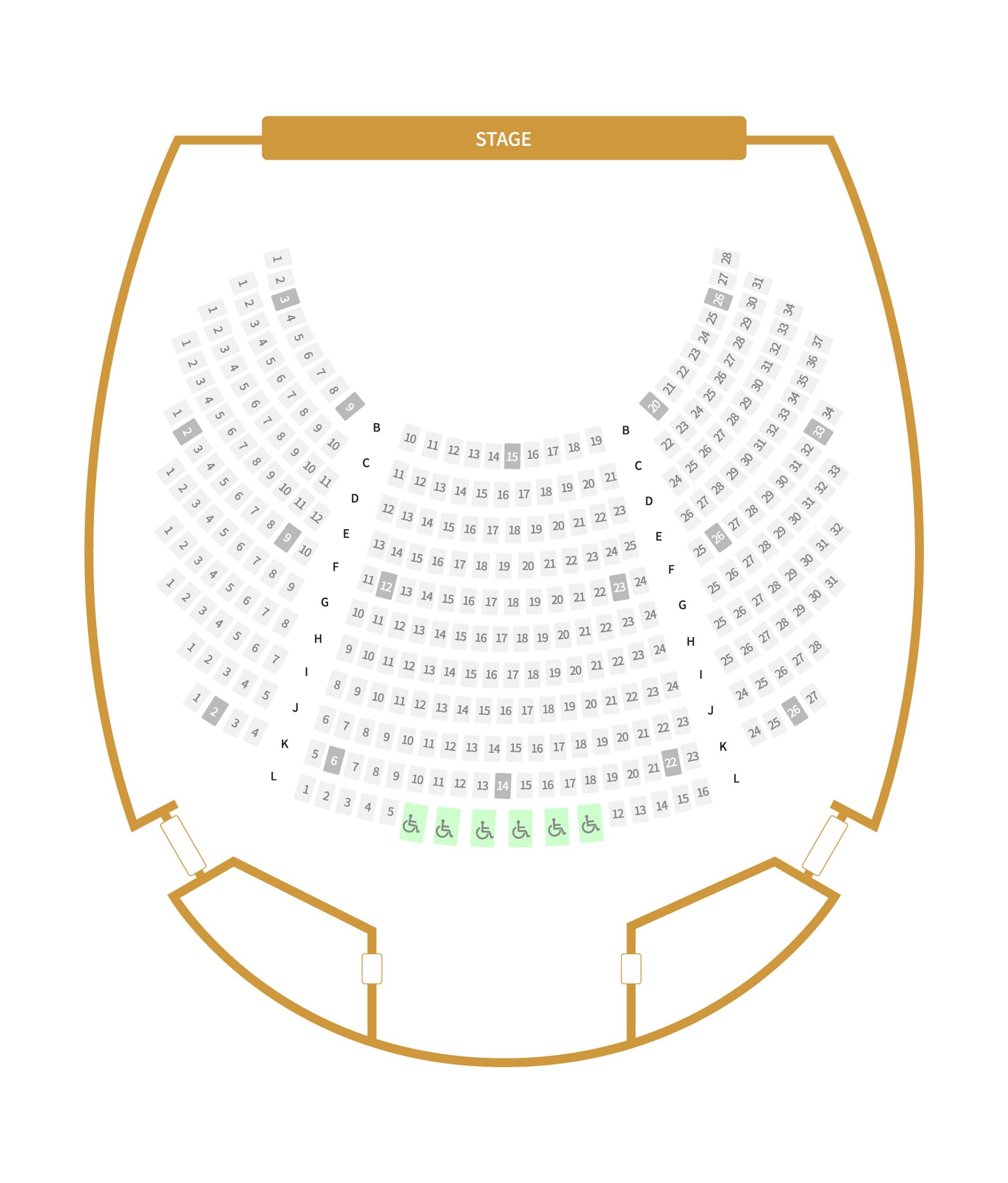 화랑홀 휠체어석 배치도. 오케스트라석: 오A열 12석, 오B열 26석, 오C열 26석. 1층: A열 28석, B열 30석, C열 30석, D열 32석, E열 34석, F열 34석, G열 34석, H열 36석, I열 36석, J열 38석, K열 38석, L열 38석, M열 38석, N열 38석, O열 38석, P열 38석, Q열 38석, R열 36석, S열 34석. T열 휠체어석 14석.